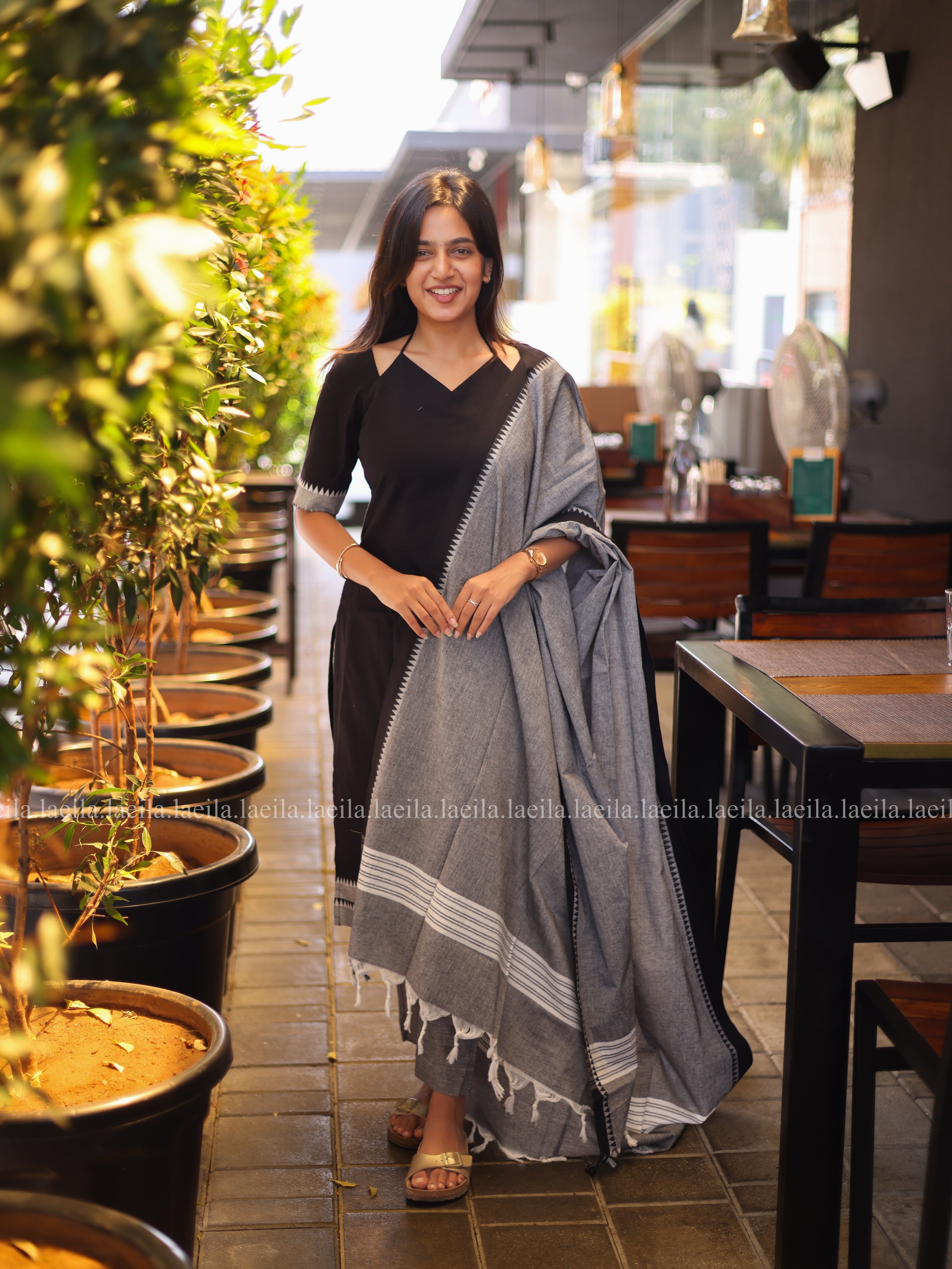 Black with White & Grey cotton kadhambari set
